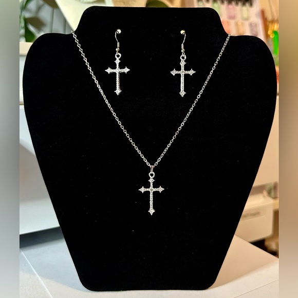 Silver Tone Crystal Cross Pendant Necklace & Drop Dangle Earrings Set - Picture 2 of 11